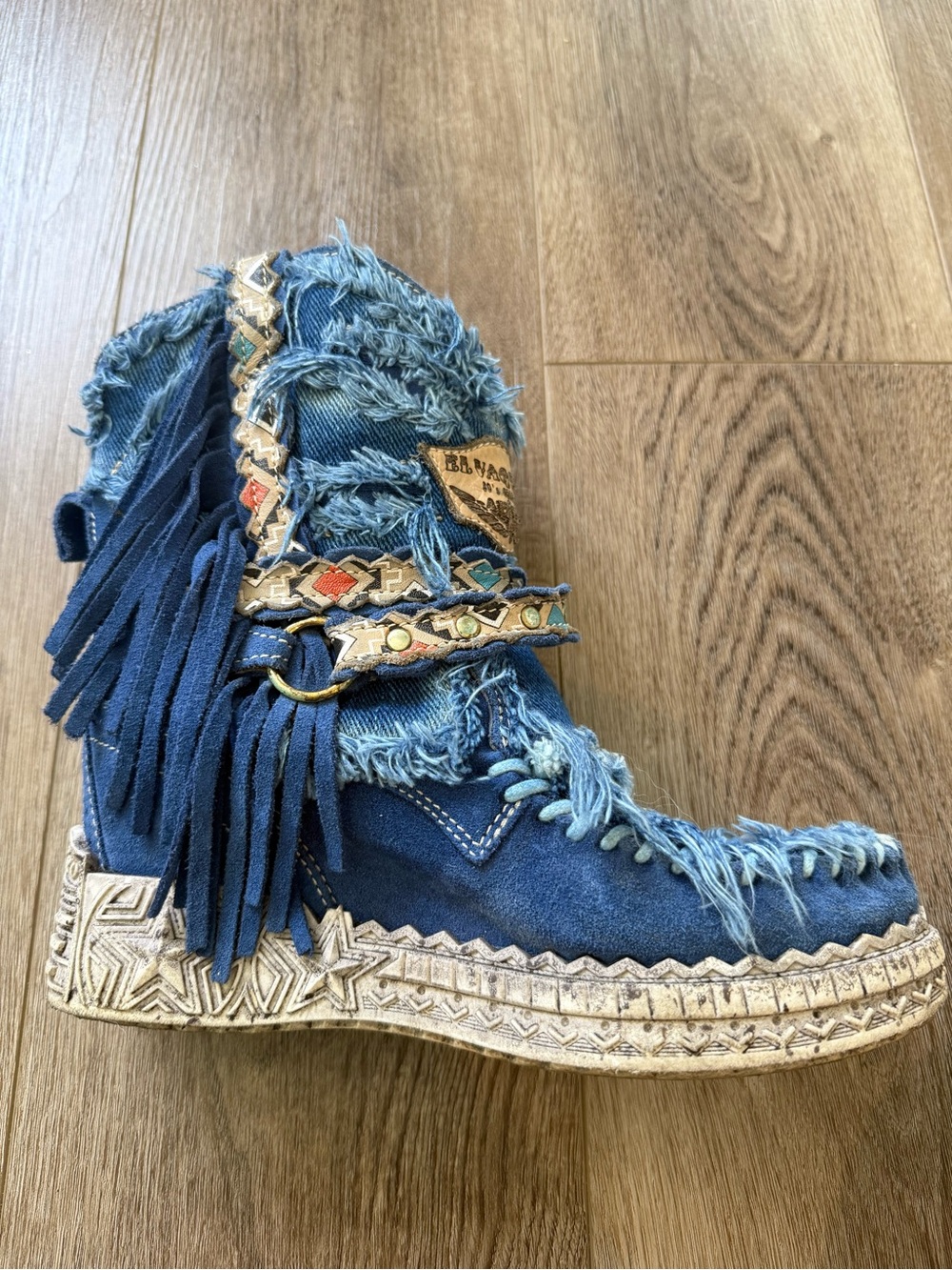 Denim fringe moccasin cowboy boots